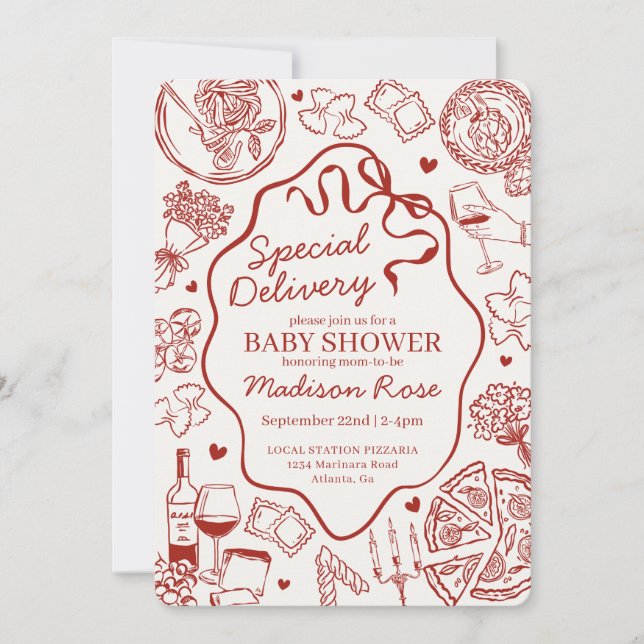 Convite Red Pasta Special Delivery Italian Baby Shower (Frente)