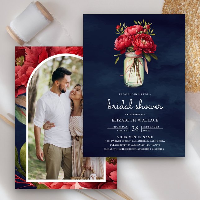 Convite Red Peony Floral Mason Jar Marinho Chá de panela A (Criador carregado)