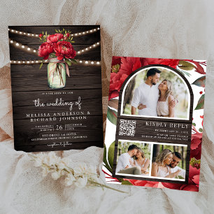 Convite Red Peony Floral Mason Jar QR Code Wood Casamento