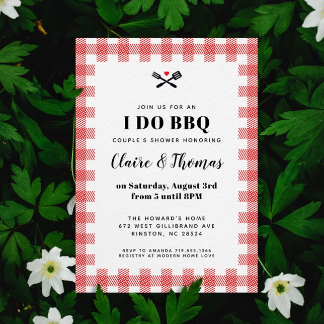 Convite Red Picnic Plaid Cloth I Do BBQ Invitation (Red and white sweet country gingham plaid I Do BBQ wedding party invitation )