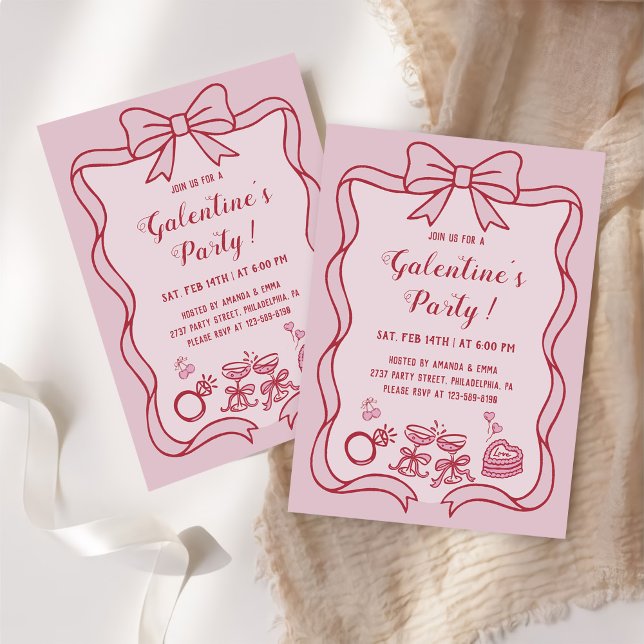 Convite Red Pink Bow Galentine's  Party (Criador carregado)