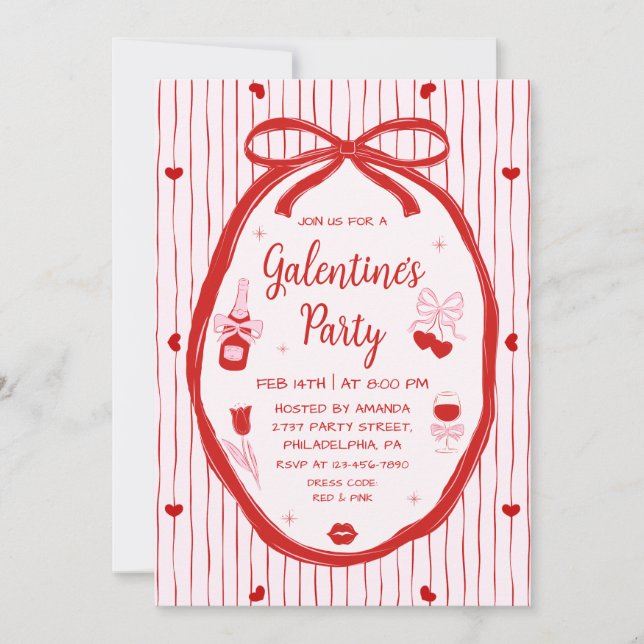 Convite Red Pink Coquette Hand Drawn Galentine's Party  (Frente)