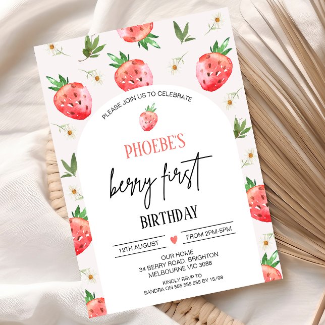 Convite Red Pink Daisy Strawberry Berry Primeiro Aniversár (Modern Berry First Birthday Invitation, Strawberry Strawberries Red Pink Arch Daisy 1st Birthday)