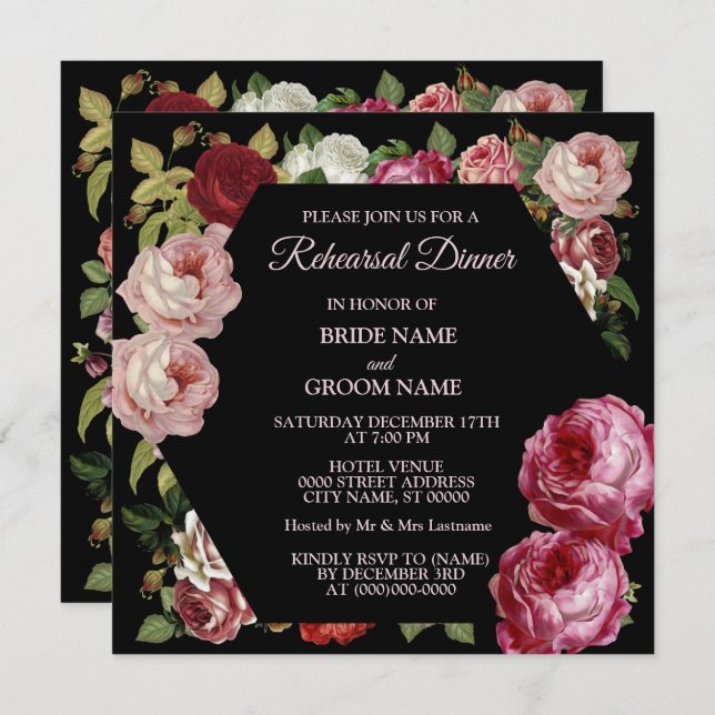 Convite Red Pink Floral Greenery Black Rehearsal Dinner (Frente/Verso)