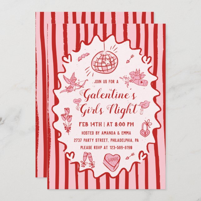 Convite Red Pink Hand Drawn Galentine's Girls Night Party (Frente/Verso)