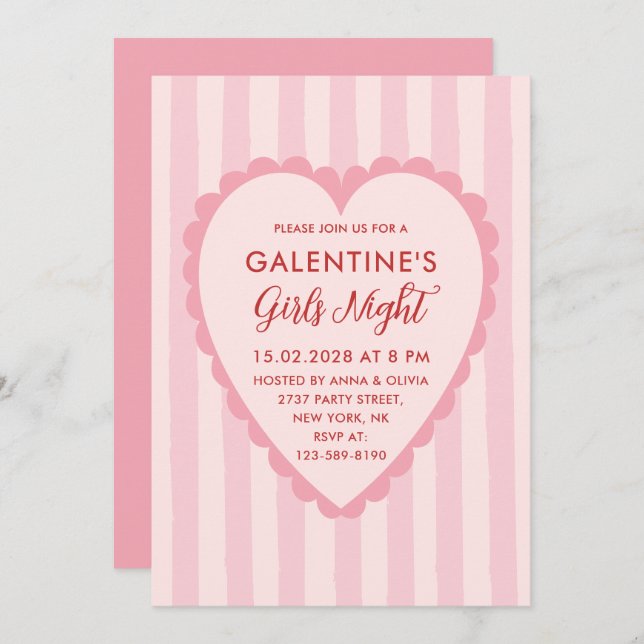Convite Red Pink Hand Drawn Galentine's Girls Night  Party (Frente/Verso)