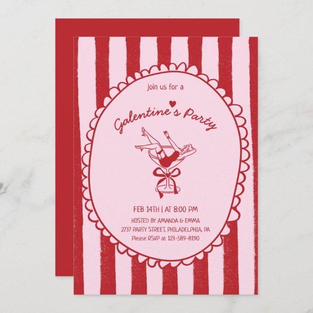 Convite Red Pink Hand Drawn Galentine's Party (Frente/Verso)