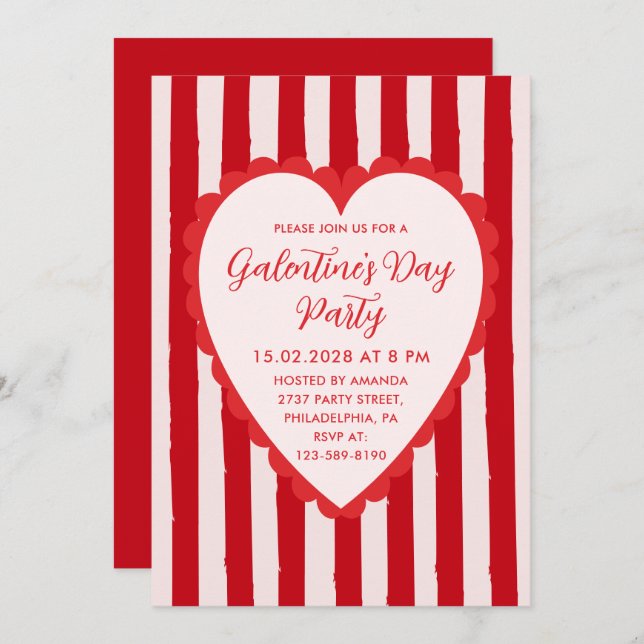 Convite Red Pink Hand Drawn Heart Frame Galentine's Party (Frente/Verso)