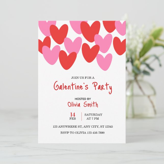 Convite red pink hearts Galentine’s Day invitation, hearts (Em pé/Frente)