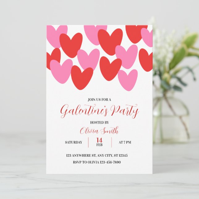 CONVITE RED PINK HEARTS GALENTINES DAY PARTY INVITATION (Em pé/Frente)