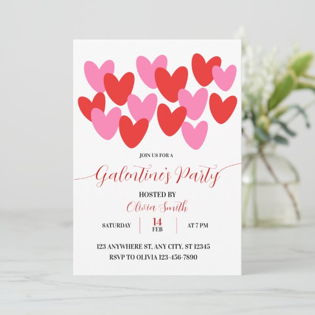 CONVITE RED PINK HEARTS GALENTINES DAY PARTY INVITATION (Em pé/Frente)