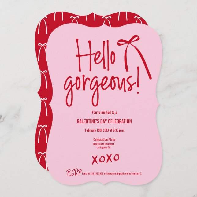 Convite Red Pink Hello Gorgeous bow doodle Galentine’s (Frente/Verso)