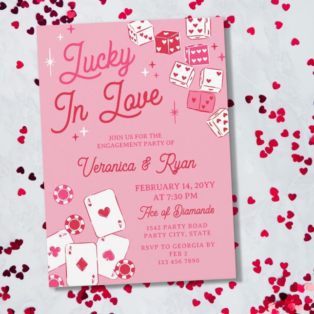 Convite Red Pink Lucky In Love Dice Cards Engagement Party (Criador carregado)