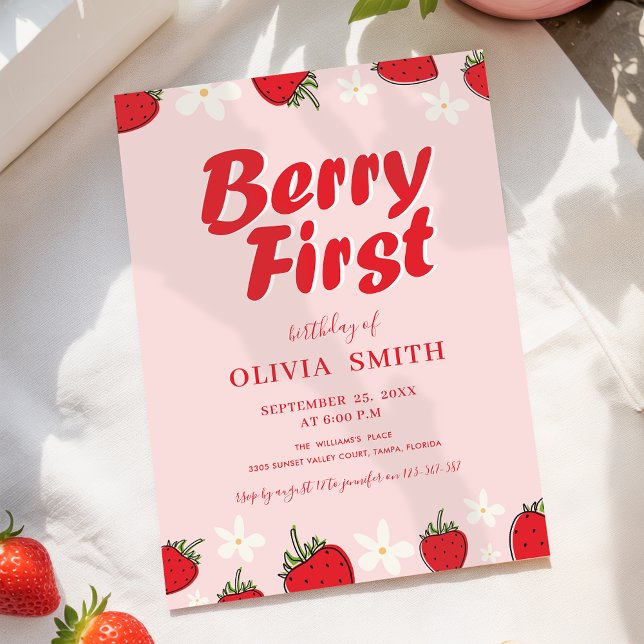 Convite Red Pink Strawberry Berry First Birthday (Criador carregado)