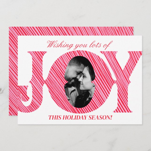 Convite Red & Pink Stripe Holiday JOY Photo Christmas Card (Frente/Verso)