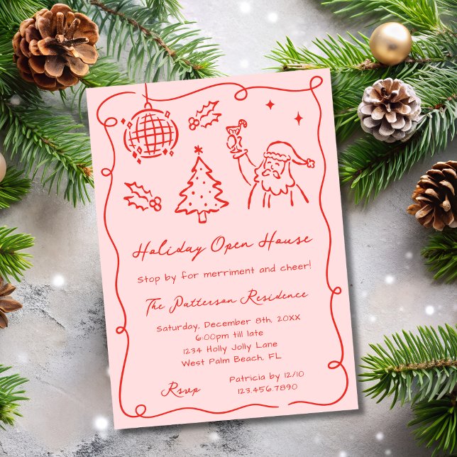 Convite Red & Pink Whimsical Doodle Christmas Open House (Criador carregado)