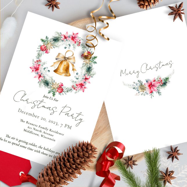 Convite Red Poinsettia Dourada Flocos de Neve Frota de Nat (Criador carregado)