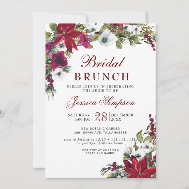 Convite Red Poinsettia Floral de Natal Bridal Brunch (Frente)