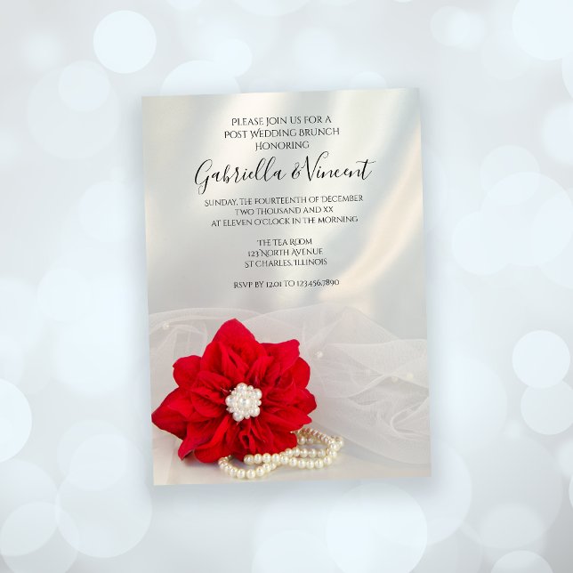 Convite Red Poinsettia Pearls Posto Winter Wedch (Set an elegant tone for your December event with the Poinsettia and Pearls Wedding Brunch Invitation)