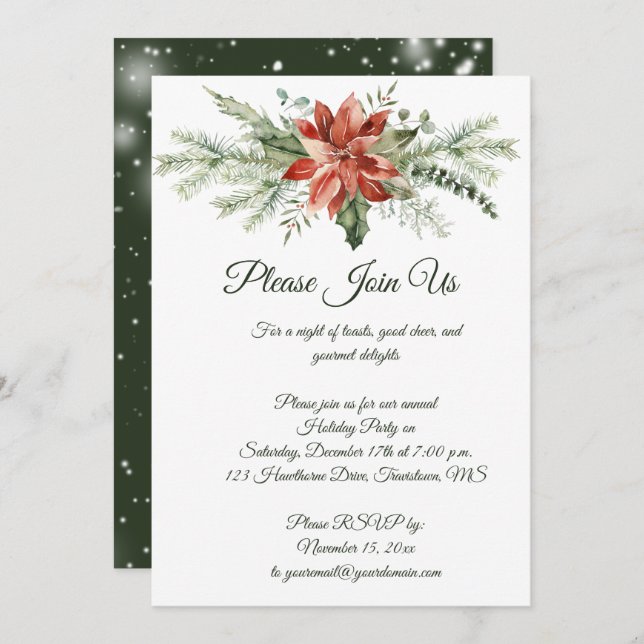 Convite Red Poinsettia Pine Snowflakes Festa de Natal Inv (Frente/Verso)