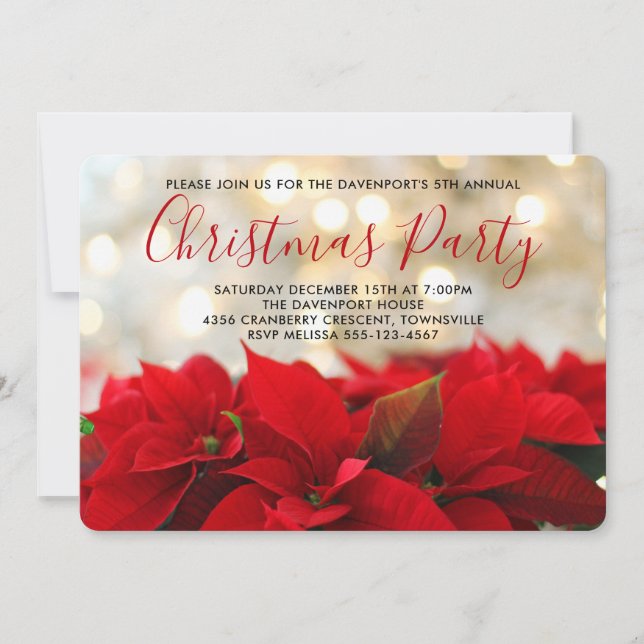 Convite Red Poinsettias com Ouro Bokeh Christmas Invite (Frente)
