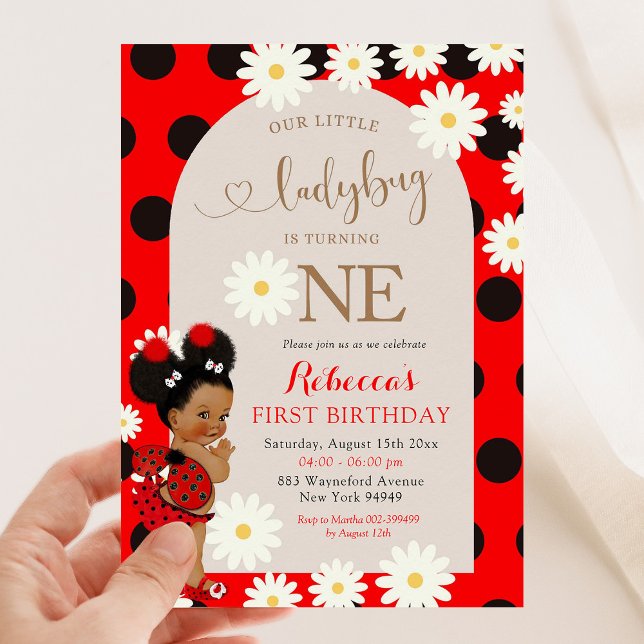 Convite Red Polkadot Ladybug Daisy Primeiro Aniversário (Criador carregado)