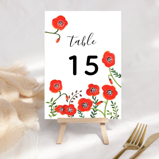 Convite Red Poppies moderno número da mesa de casamento fl (Red poppies modern floral wedding table number)