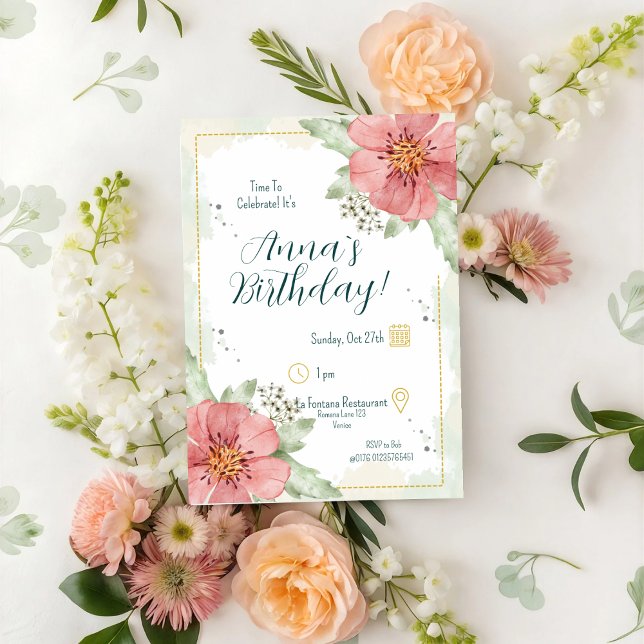 Convite Red Poppy Watercolor Florals Aniversário (Criador carregado)