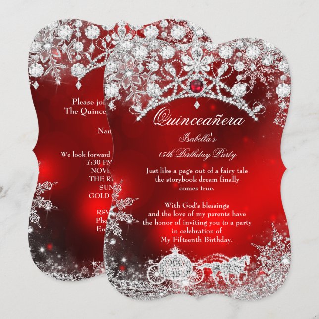 Convite Red prata Quinceanera 15 Winter Wonderland (Frente/Verso)