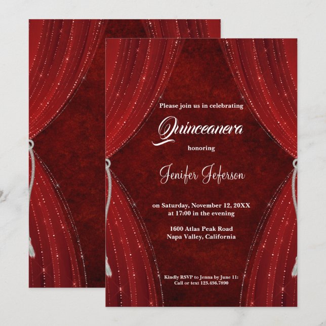 Convite Red Quinceanera (Frente/Verso)