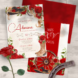 Convite Red Quinceanera Rosas Vintage Charro Western Flora<br><div class="desc">O convite do charro ocidental ruby vermelho elegante quinceanos vermelho. Apresentando botas cowboy/cowgirl com floral e um belo mariachi sombrero. Há várias variações disponíveis no compro de Convidação Bonito</div>