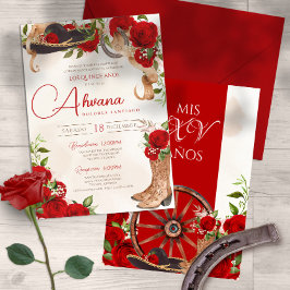 Convite Red Quinceanera Rosas Vintage Charro Western Flora