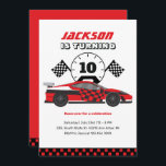 Convite Red Racing Car Race Kids Aniversário<br><div class="desc">Design para crianças,  rapazes ou raparigas que adoram corridas de carros,  carros desportivos,  velocidade e carro de brinquedos. Perfeito para a festa de aniversário do tema do construtor. Você pode personalizar o texto para ajustado outras ocasiões.</div>