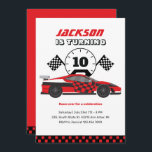 Convite Red Racing Car Race Kids Aniversário<br><div class="desc">Design para crianças, rapazes ou raparigas que adoram corridas de carros, carros desportivos, velocidade e carro de brinquedos. Perfeito para a festa de aniversário do tema do construtor. Você pode personalizar o texto para ajustado outras ocasiões.</div>