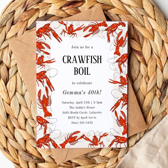 Convite Red rawfish Boil Festa de aniversário de frutos do (Red crawfish boil seafood birthday party invitation.)