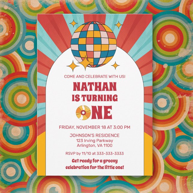Convite Red Retro 1rua Groovy Party Vinyl (Criador carregado)