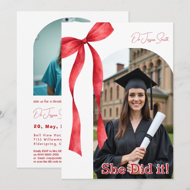 Convite Red Ribbon Accent Graduation (Frente/Verso)