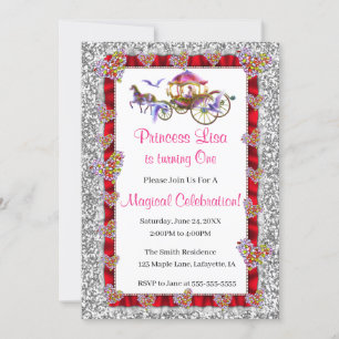 Convite Red Ribbon Silver Glitter Royal Princess Birday