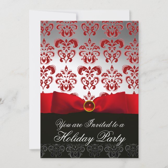 Convite RED RIBBON WHITE BLACK DAMASK HOLIDAY PARTITY Ruby (Frente)