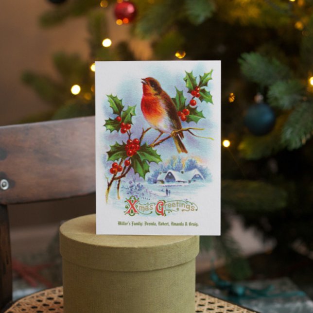 Convite Red Robin Christmas Holly Vintage Saudação Texto (Criador carregado)