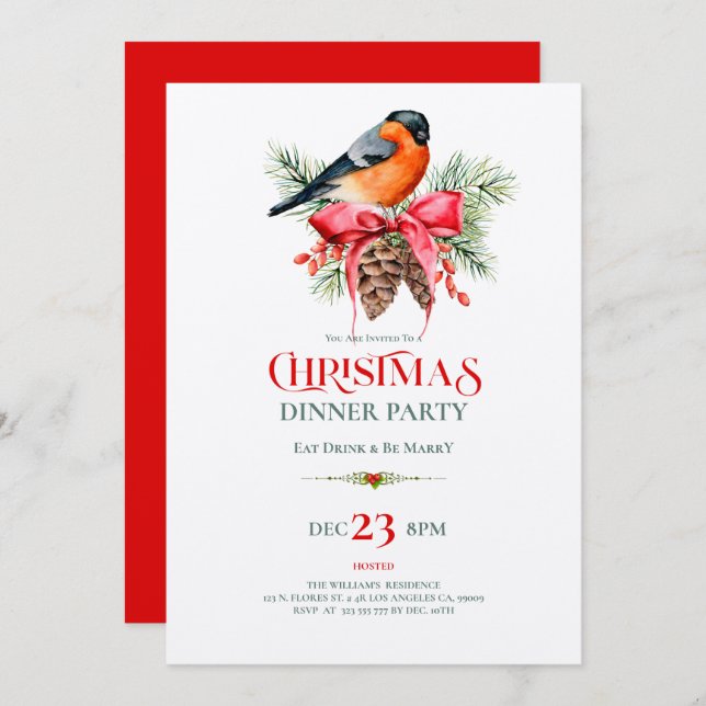 Convite Red Robin with pinecones Christmas design (Frente/Verso)