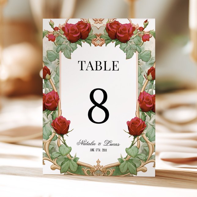 Convite Red Rose Art Nouveau Wedding Table Number (Criador carregado)
