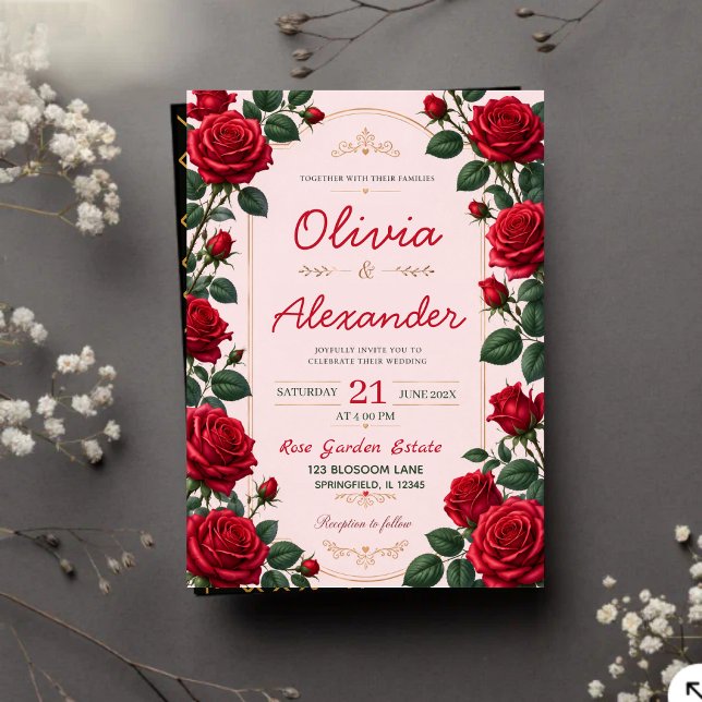 Convite Red Rose Classic Romantic Elegant Floral  (Criador carregado)