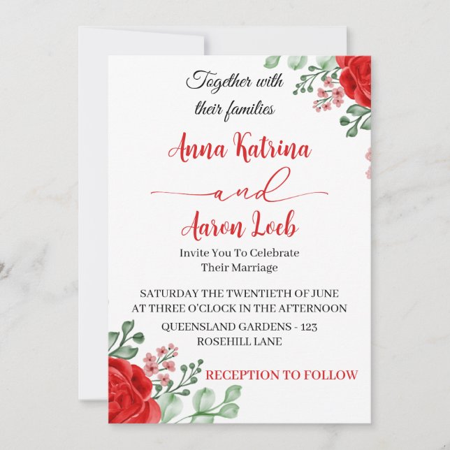 Convite Red Rose Floral Wedding Invitation Template (Frente)