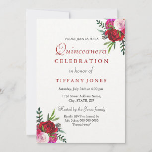 Convite Red Rose Quinceanera - Moderno Elegante