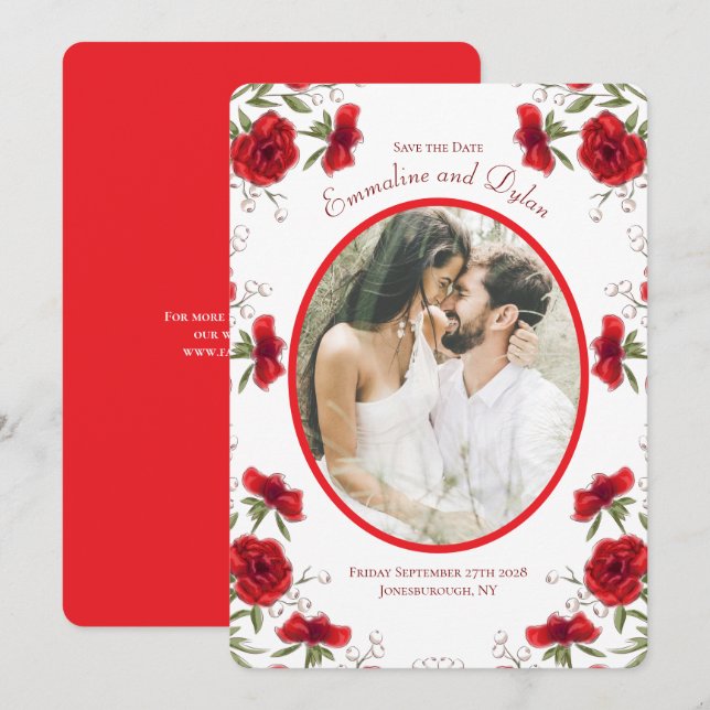 Convite Red Rose Romantic Wedding Photo Save the Date (Frente/Verso)