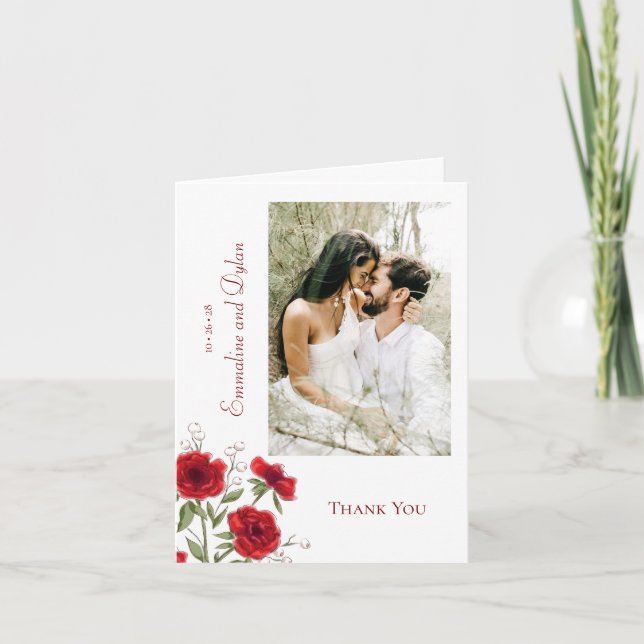 Convite Red Rose Romantic Wedding Thank You Cards Photo (Frente)