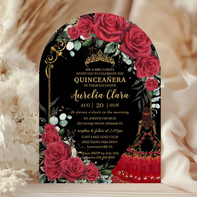 Convite Red Roses Floral Black Charro Quinceanera 15 Arch (Criador carregado)