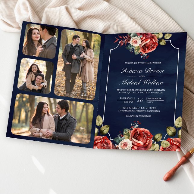 Convite Red Roses Floral Frame Navy Blue QR Code Wedding (Criador carregado)