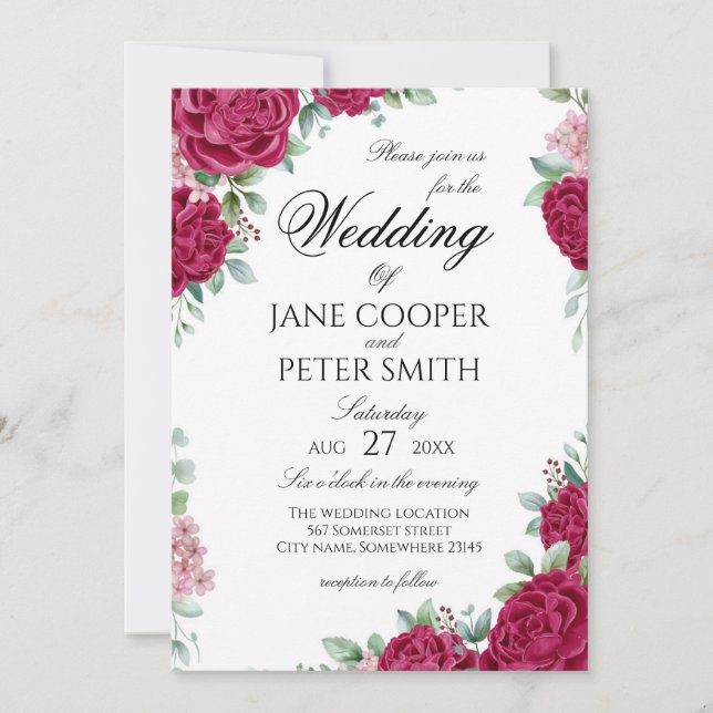 Convite Red roses floral Wedding Invitation (Frente)